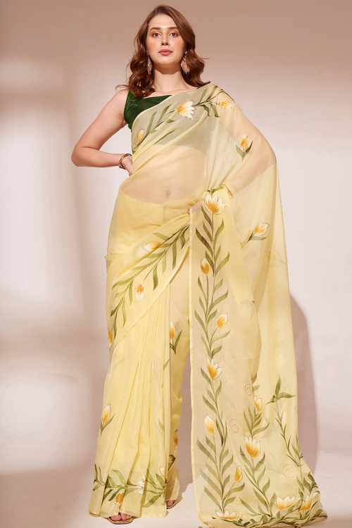 Pale Yellow Organza Printed Light Weight Saree 