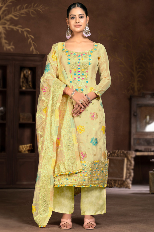 Pale Yellow Organza Straight Cut Weaved Zari Palazzo Suit