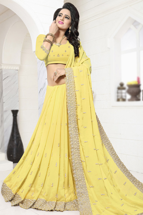 Pale Yellow Pearl Embroidered Georgette Saree For Haldi 