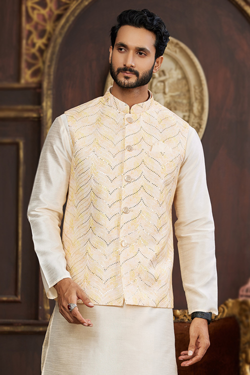 Pale Yellow Printed Art Silk Men's Waist Coat For Haldi 