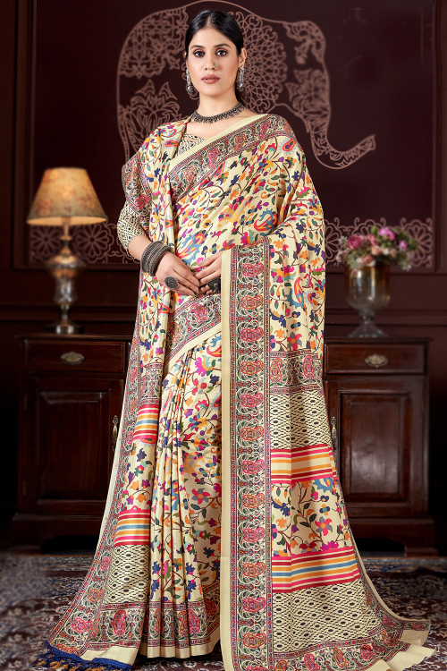 Pale Yellow Printed Pashmina Casual Wear Saree