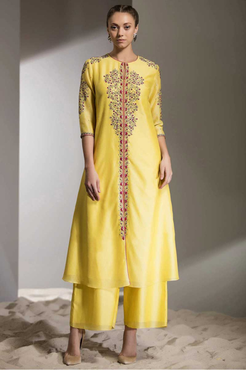 Pale Yellow Resham Embroidered Taffeta Silk Indian Palazzo Pant Salwar Kameez