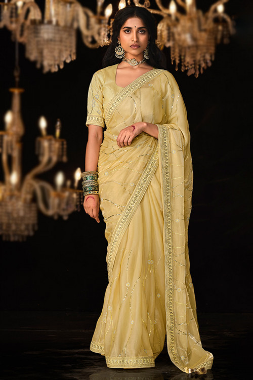 Buy Jaune Organza Half Sleeve Sarees Online for Women in France