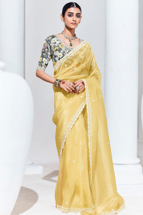 Pale Yellow Sequins Embroidered Tissue Saree For Haldi