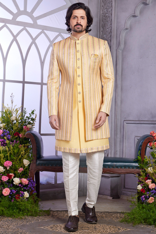 Pale Yellow Silk Blend Embroidered Men's Sherwani for Haldi 