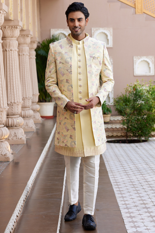 Pale Yellow Silk Blend Ready Made Men's Sherwani With Embroidered Jacket