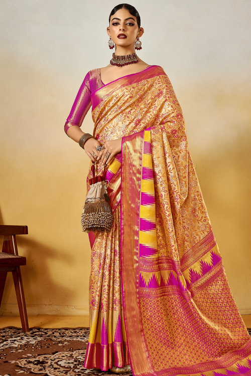 Pale Yellow Silk Blend Weaved Saree For Diwali