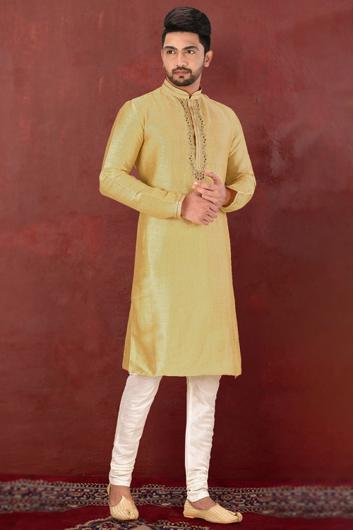 Pale Yellow Silk Embroidered Men's Churidar Kurta 