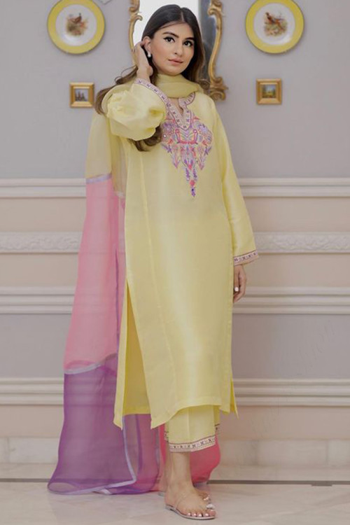 Regal Yellow Rayon Embroidered Straight Salwar Suit | Indian Cloth Store -