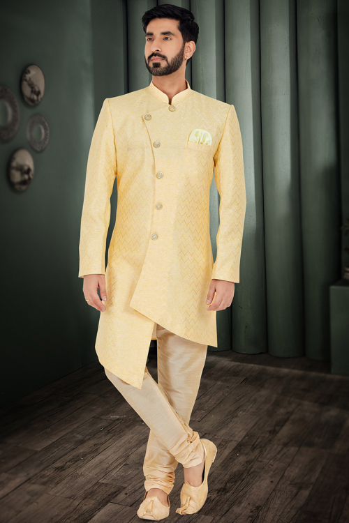 Pale Yellow Silk Straight Cut Men Sherwani