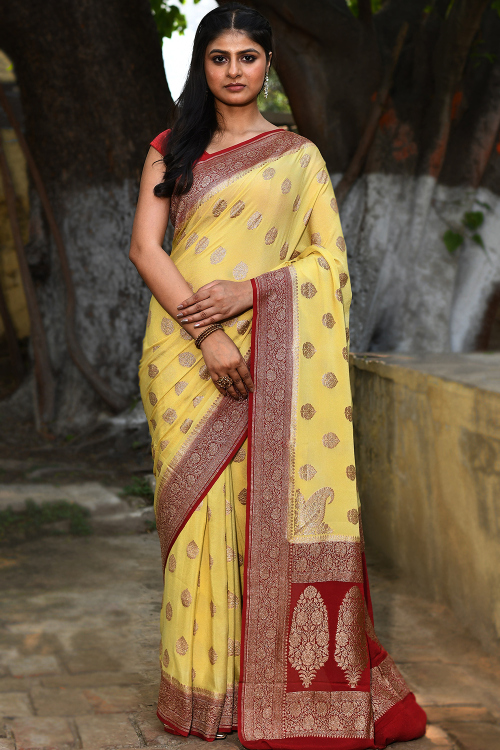 Pale Yellow Soft Silk Woven Zari Broad Border Saree 