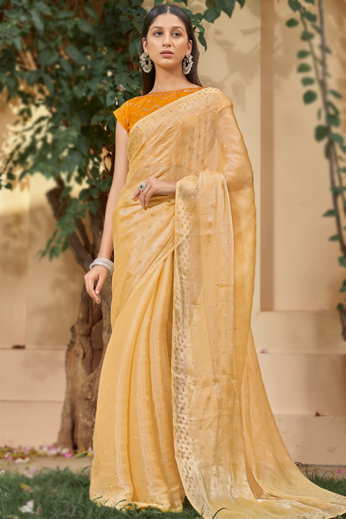 Pale Yellow Stone Embroidered Chiffon Shimmer Saree For Haldi