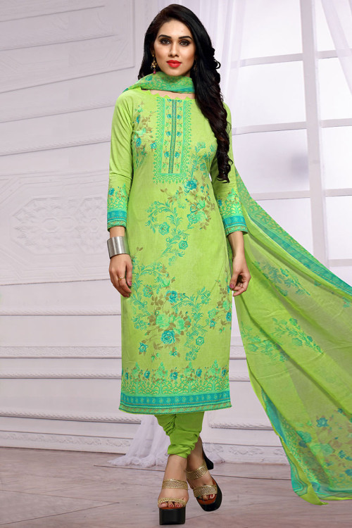 Parrot Green Cotton Churidar Suit With Sequins Work
