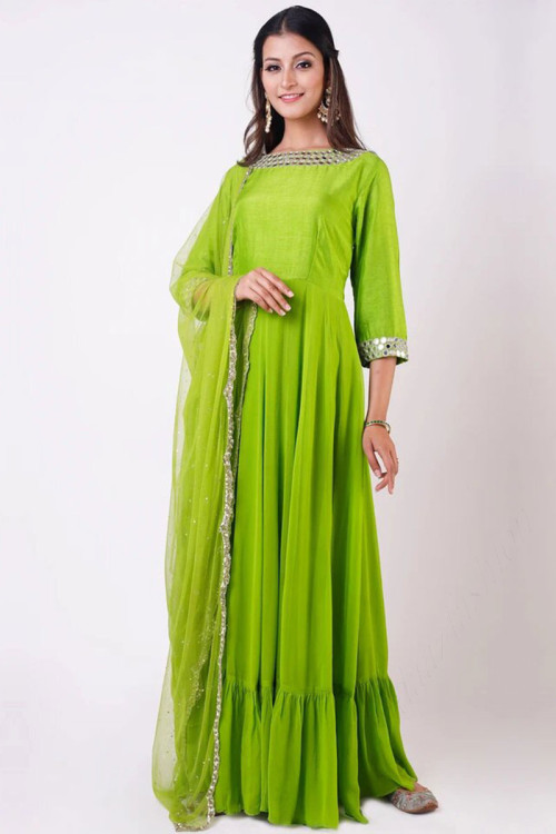 Parrot Green Crepe Anarkali Suit With Mirror Work