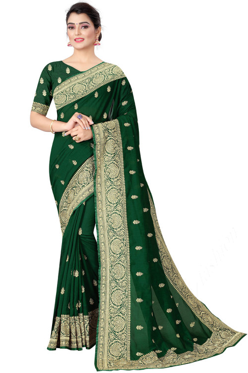 Party Wear Green Silk Zari Embroidered Saree