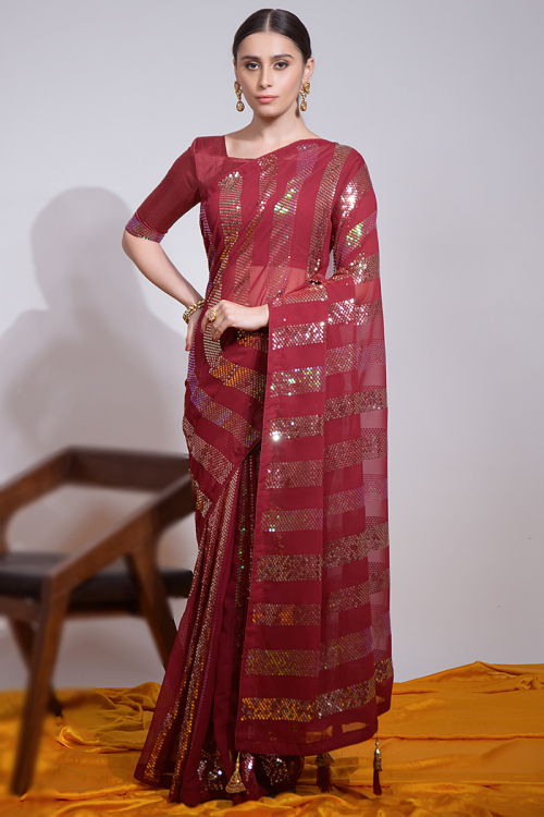 Party Wear Maroon Sequins Embroidered Georgette Saree 