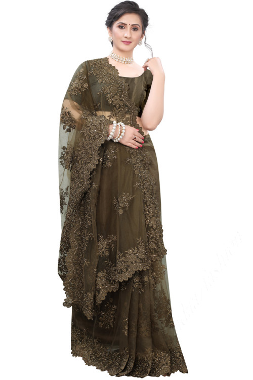Party Wear Olive Brown Net Embroidered Saree.