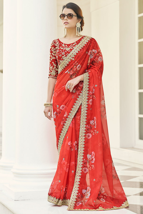Party Wear Organza Orange Floral Printed Saree