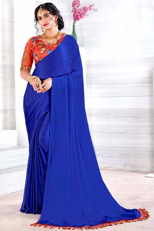 Party Wear Plain Chiffon Royal Blue Saree
