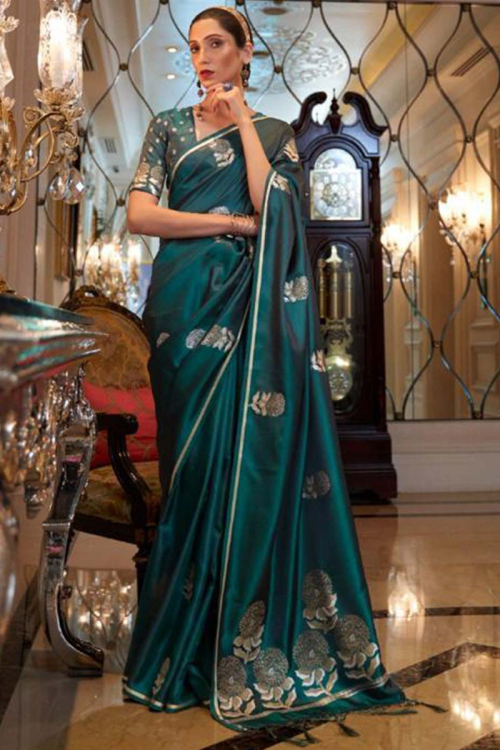 Party Wear Printed Satin Silk Teal Blue Saree