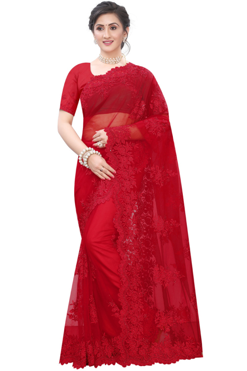 Party Wear Net Embroidered Saree In Red Color