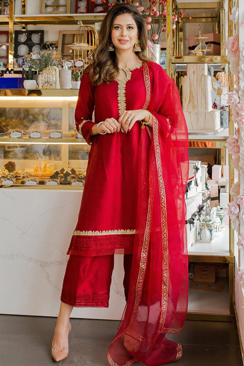 Party Wear Red Silk Straight Pant Suit