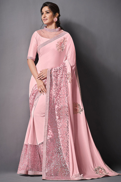 Party Wear Sequins Embroidered Lycra Light Pink Saree
