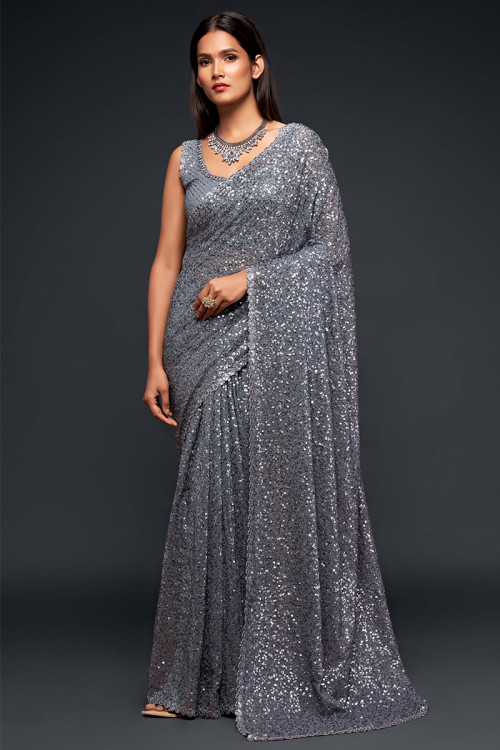 Party Wear Steel Grey Georgette Embroidered Saree