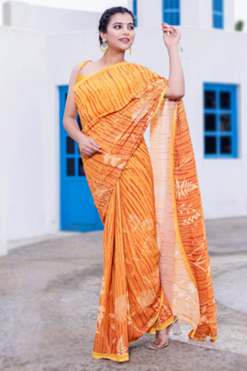 Party Wear Tie and Dye Mustard Yellow Georgette Saree 
