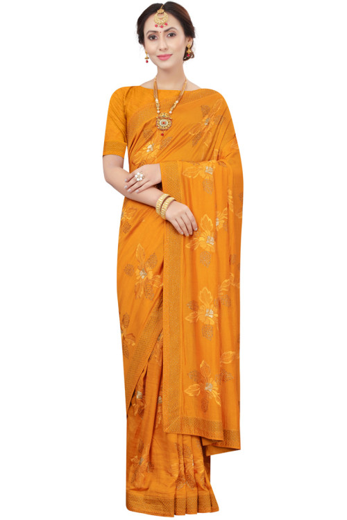 Party Wear Turmeric Yellow Silk Embroidered Saree