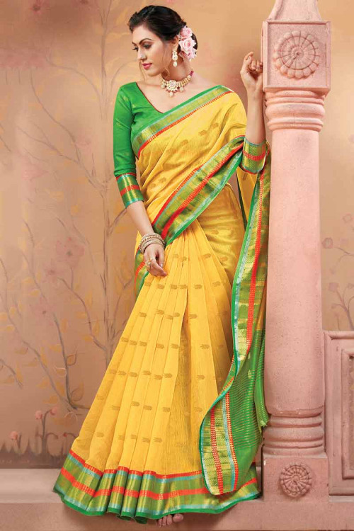 Party Wear Weaving Print Art Silk Yellow Saree