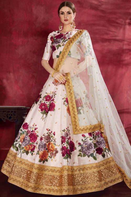 Party Wear White Art Silk A-Line Floral Print Lehenga