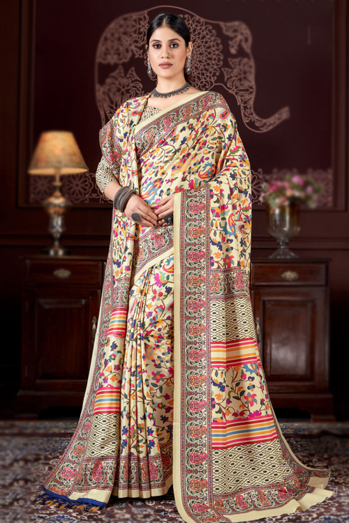 Pashmina Cream Beige Printed Light weight Saree