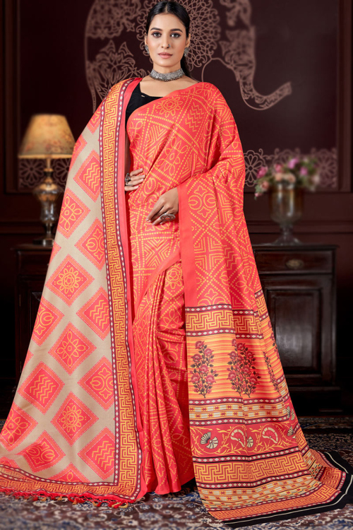 Pashmina Light Red Bandhej Printed Saree
