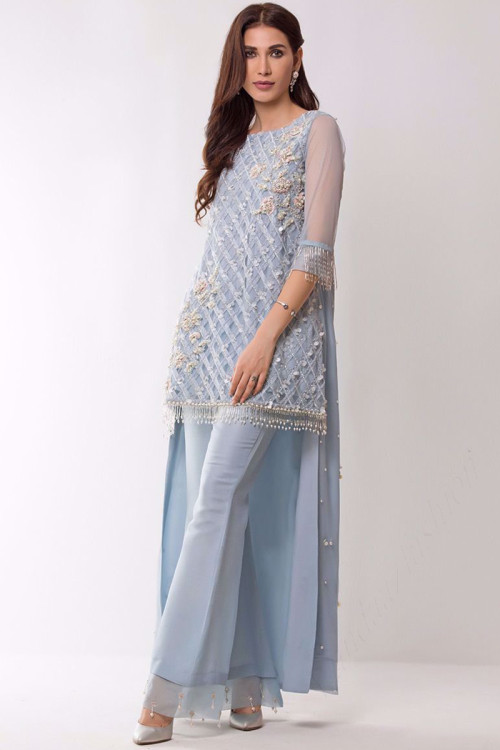 Pastel Blue Net Indo-Western Suit With Bell Bottom