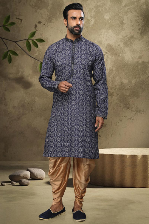 Pastel Dark Blue Cotton Men's Kurta With Dhoti Pants