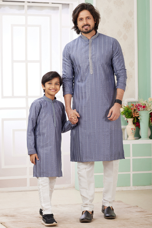 Pastel Dark Blue Cotton Silk Embroidered Father And Son Kurta Pajama