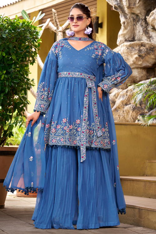Pastel Dark Blue Georgette Palazzo Suit With Sequins Work For Festival