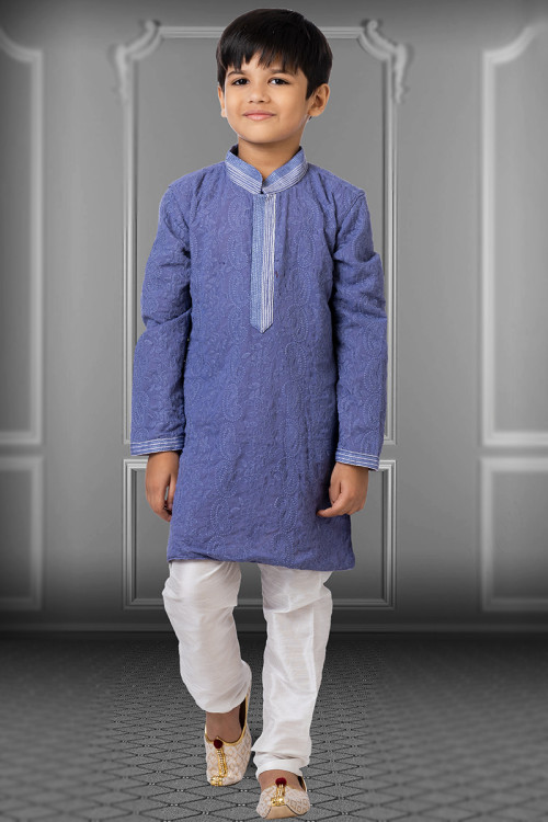 pastel dark blue georgette resham thread embroidered boys kurta churidar mkpa02938 1