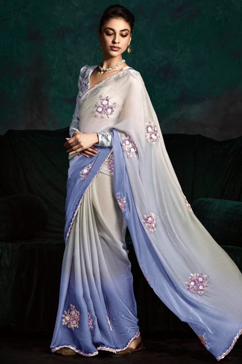 Pastel Dark Blue Organza Saree with Printed Work for Diwali Wear