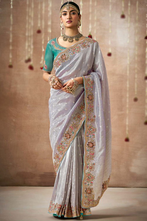 Pastel Dark Blue Organza Weaved Zari Saree For Sangeet