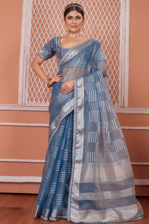 Pastel Dark Blue Organza Woven Zari Light Weight Saree