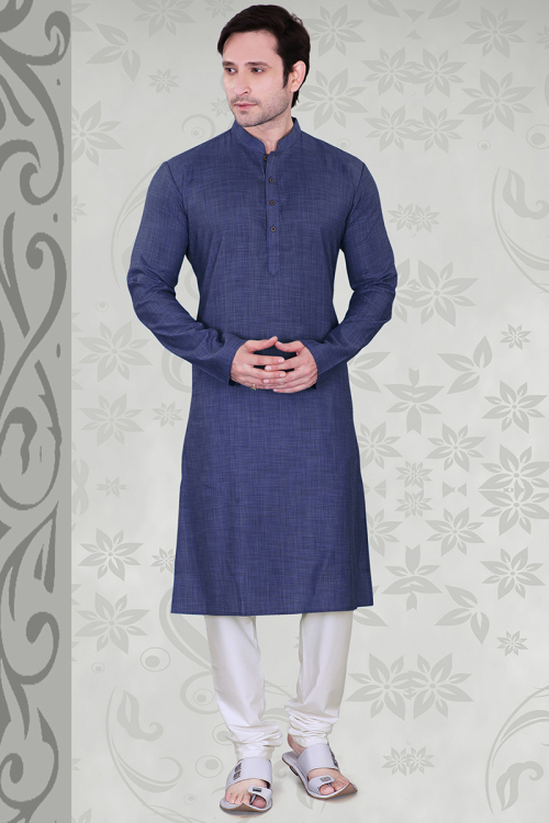 Pastel Dark Blue Plain Poly Cotton Straight Cut Men's Kurta Churidar