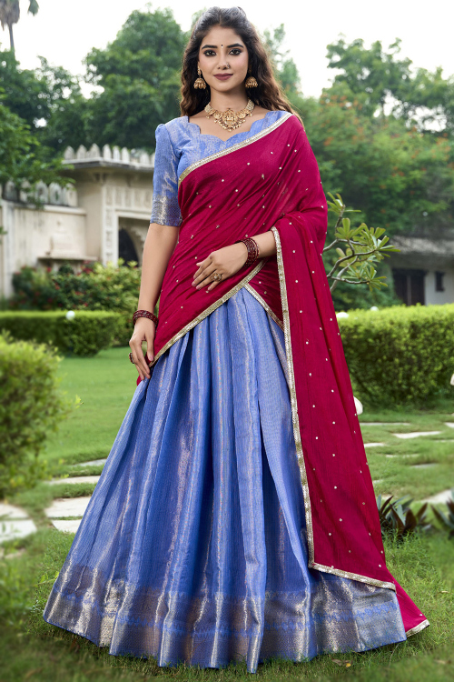 Pastel Dark Blue Silk Woven Zari Flared Style Lehenga