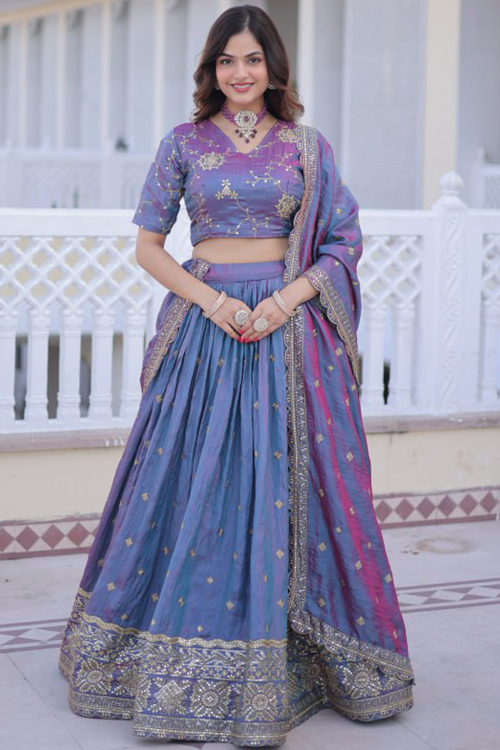Pastel Dark Blue Tissue Silk Lehenga With Zari Work For Festival