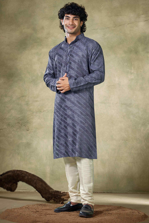 Pastel Dark Blue Viscose Embroidered Straight Cut Men's Kurta Pajama 