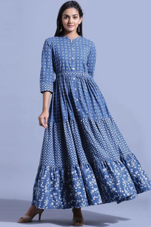 Pastel Dark Blue Viscose Rayon Printed Gown