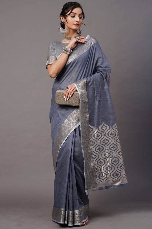 Pastel Dark Blue Weaved Zari Casual Wear Chanderi Cotton Saree