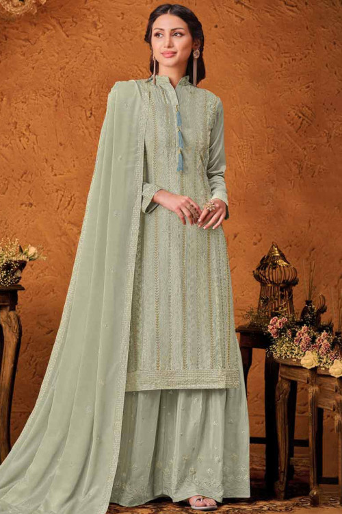 Pastel Green Chinnon Embroidered Sharara Suit