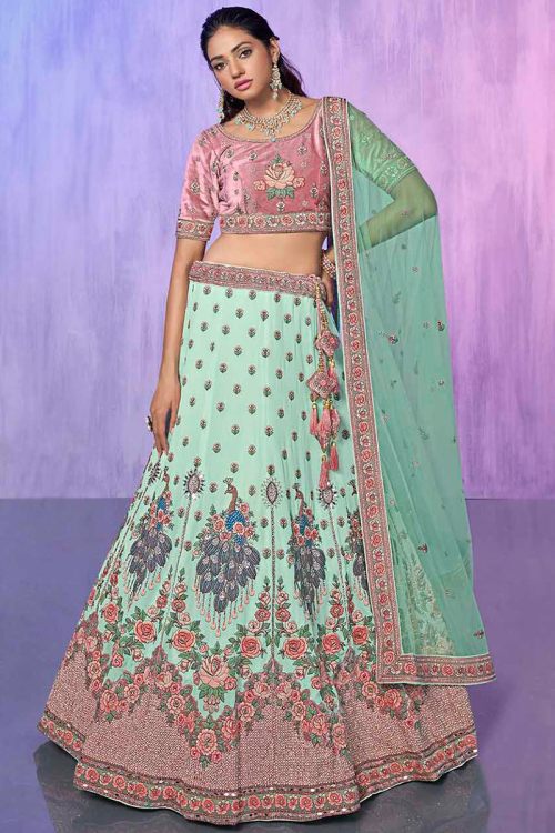 Pastel Mint Blue Georgette Embroidered Panelled Style Lehenga